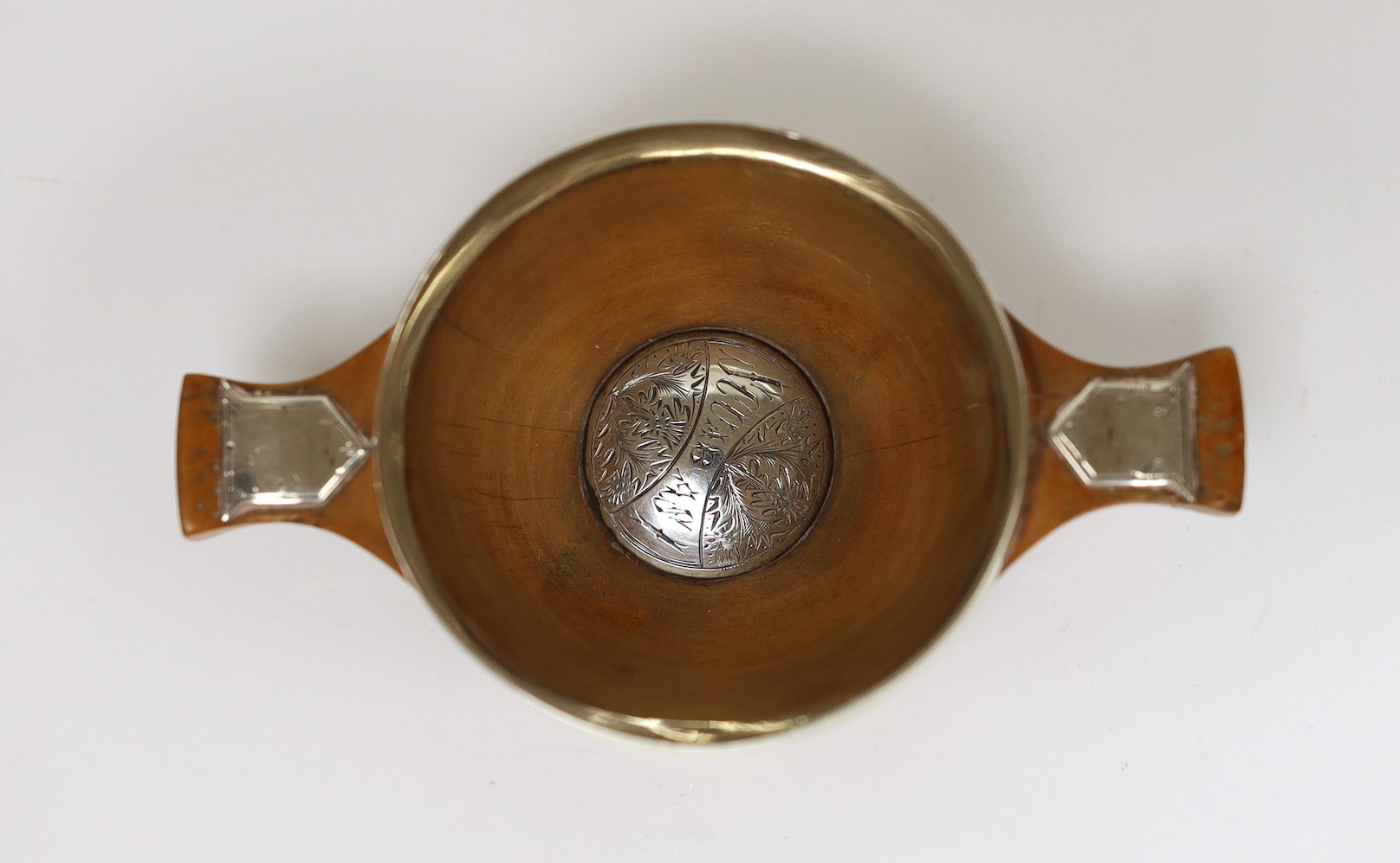 A late Victorian Scottish silver mounted sycamore? quaich, R.W. Forsyth Ltd, Glasgow, 1900, inscribed 'Scuabasi', 11.2cm.